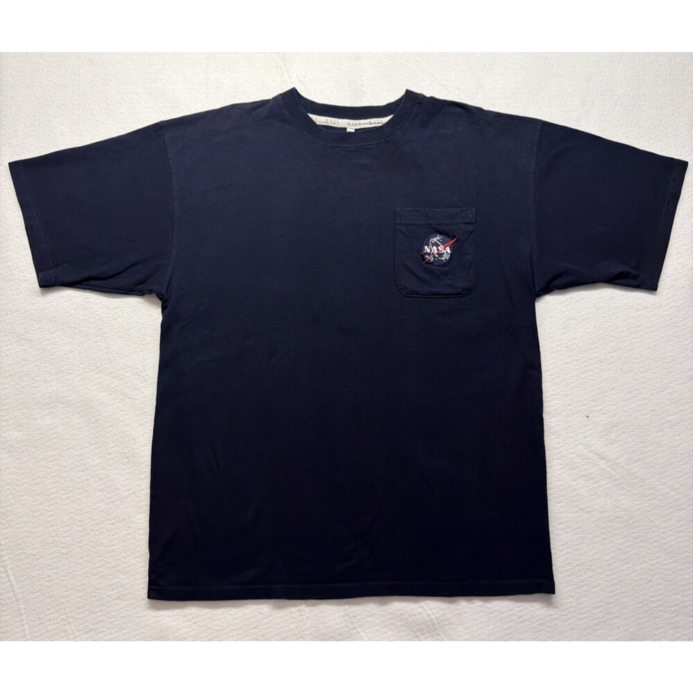 Vintage 90s NASA T-Shirt Pocket Tee Embroidered Logo Made USA Navy Mens XXL